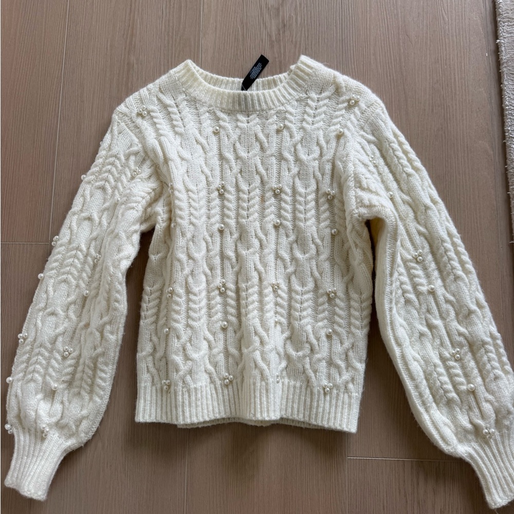 Aqua White Cable Knit Sweater w Pearls size XS